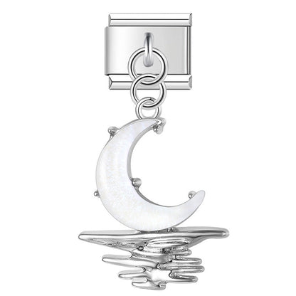 The Celestial Ocean & Iridescent Moon Dangle Charm in Silver