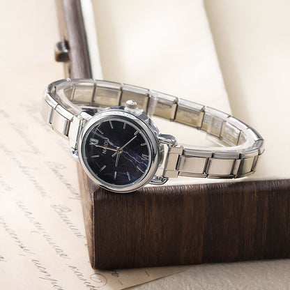 Round Silver Watch with Marble Face Dial — Blue & Black Italian Charm Watch Bracelet