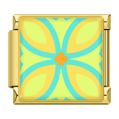Colourful Vibrant Mosaic Tile Pattern Italian Charms — Silver & Gold Border Bracelet Links