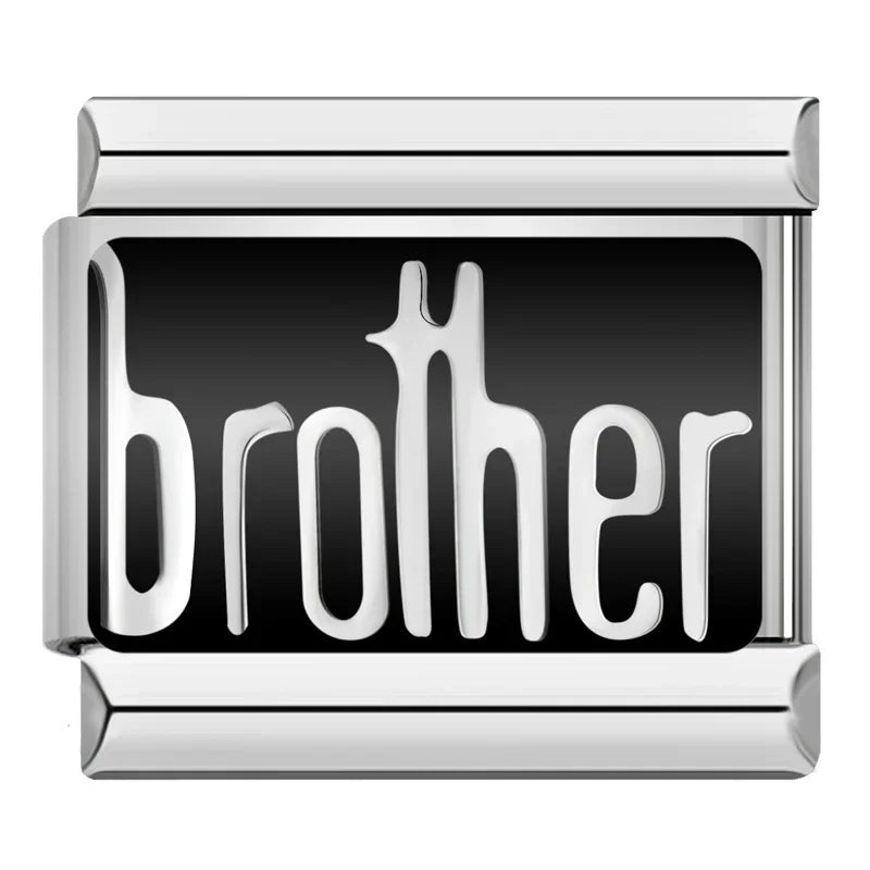 Family, Travel & Best Friend Charms – brother black enamel script word charm, Italian charm bracelet charm by Charmtastic