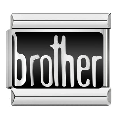 Family, Travel & Best Friend Charms – brother black enamel script word charm, Italian charm bracelet charm by Charmtastic