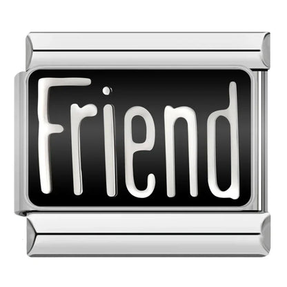 Family, Travel & Best Friend Charms – Friend black enamel script word charm, Italian charm bracelet charm by Charmtastic