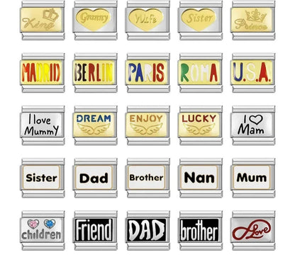Family, Travel & Best Friend Charms – overview of word charms: King, Granny, Wife, Sister, Prince, Madrid, Berlin, Paris, Roma, USA, Dream, Enjoy, Lucky, Dad, Brother, Nan, Mum, Friend and Love, Italian charm bracelet charms by Charmtastic