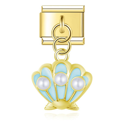 Pearl Scallop Shell Dangle Italian Charms — Silver & Gold Enamel Shell Dangle Links