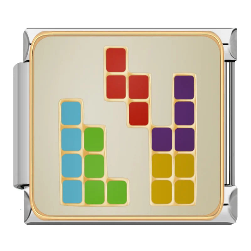 Feminine Beauty & Lifestyle Italian Charms – colorful geometric block puzzle pattern in red, teal, purple, and gold enamel charm, Italian charm bracelet charm by Charmtastic