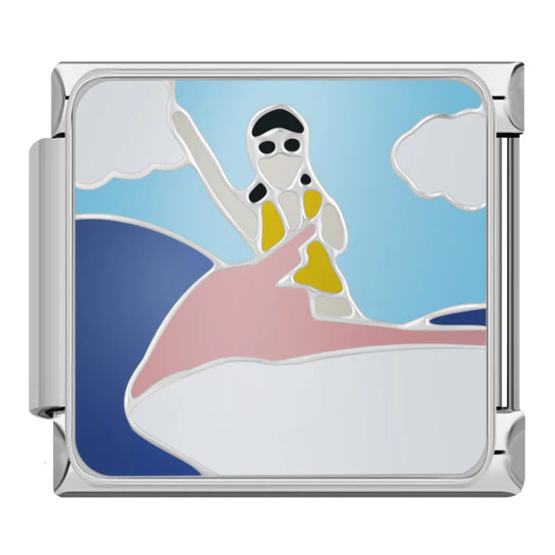 Feminine Beauty & Lifestyle Italian Charms – woman riding a pink jet ski on blue water enamel charm, Italian charm bracelet charm by Charmtastic