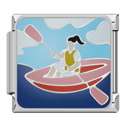 Feminine Beauty & Lifestyle Italian Charms – woman paddling a pink kayak on blue water enamel charm, Italian charm bracelet charm by Charmtastic