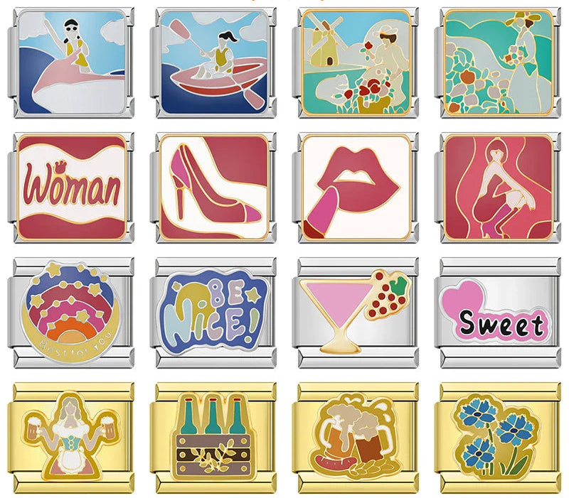 Feminine Beauty & Lifestyle Italian Charms – overview of 16 enamel charms: jet-skiing woman, kayaking woman, windmill flower scene, seaside couple, Woman script text, red high heel, red lips, seated woman silhouette, celestial sunset, Be Nice text, cocktail glass, Sweet heart text, beer maiden, beer bottles, beer mugs, and cornflowers, Italian charm bracelet charms by Charmtastic