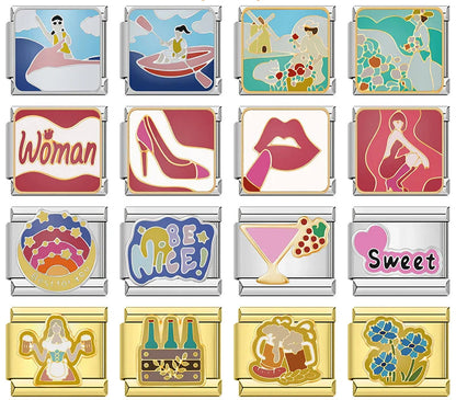 Feminine Beauty & Lifestyle Italian Charms – overview of 16 enamel charms: jet-skiing woman, kayaking woman, windmill flower scene, seaside couple, Woman script text, red high heel, red lips, seated woman silhouette, celestial sunset, Be Nice text, cocktail glass, Sweet heart text, beer maiden, beer bottles, beer mugs, and cornflowers, Italian charm bracelet charms by Charmtastic