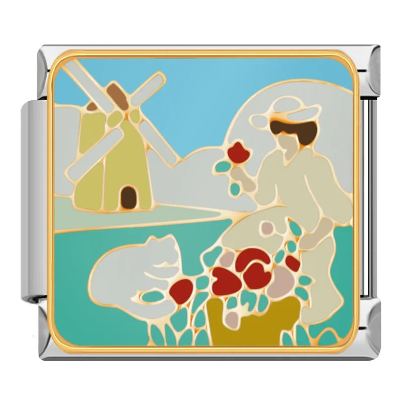 Feminine Beauty & Lifestyle Italian Charms – seaside scene with windmill and woman picking flowers enamel charm, Italian charm bracelet charm by Charmtastic