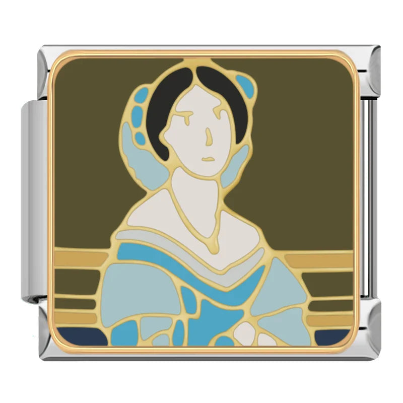 Fine Art Gallery & Sassy Quote Charms – Klimt-style mosaic portrait of a woman in gold and blue dress on olive green background, Italian charm bracelet charm by Charmtastic