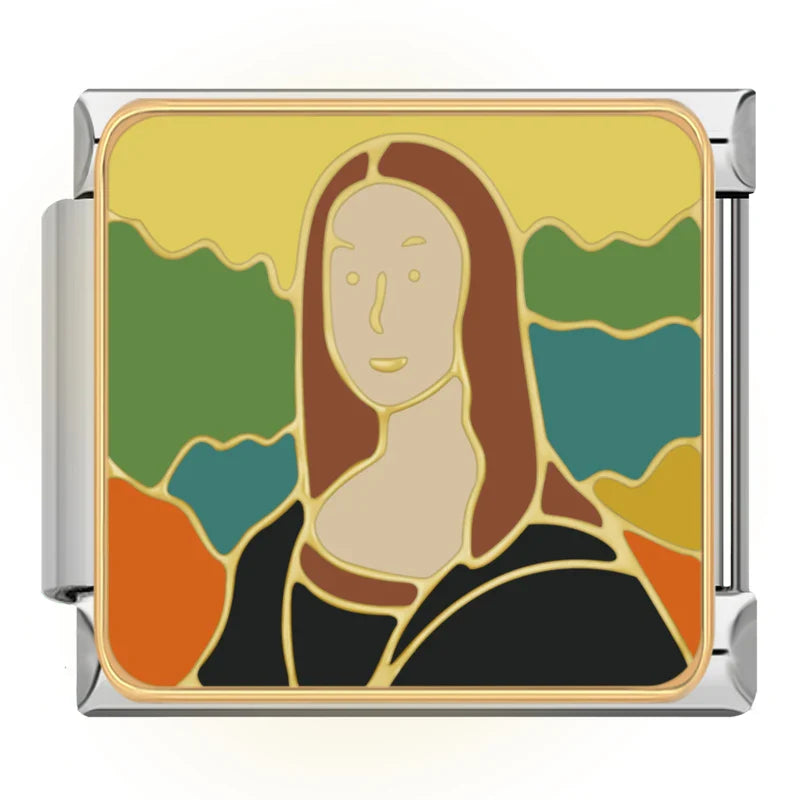 Fine Art Gallery & Sassy Quote Charms – stained-glass style Mona Lisa portrait on yellow and green background, Italian charm bracelet charm by Charmtastic