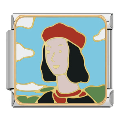 Fine Art Gallery & Sassy Quote Charms – Renaissance style portrait of a figure in red hat against blue sky with clouds, Italian charm bracelet charm by Charmtastic