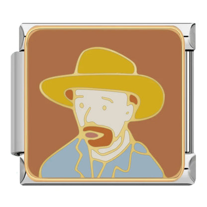 Fine Art Gallery & Sassy Quote Charms – Van Gogh style self-portrait with straw hat on brown background, Italian charm bracelet charm by Charmtastic