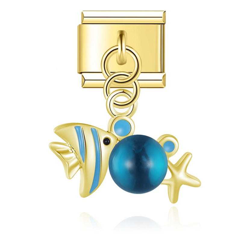 Fish dangle charms silver&gold – gold fish dangle charm with blue bead accent, Italian charm bracelet charm by Charmtastic