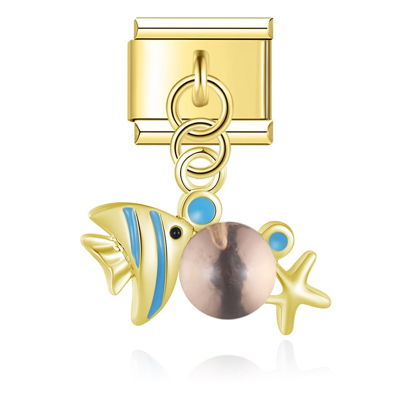 Fish dangle charms silver&gold – second view of gold fish dangle charm with champagne bead accent, Italian charm bracelet charm by Charmtastic