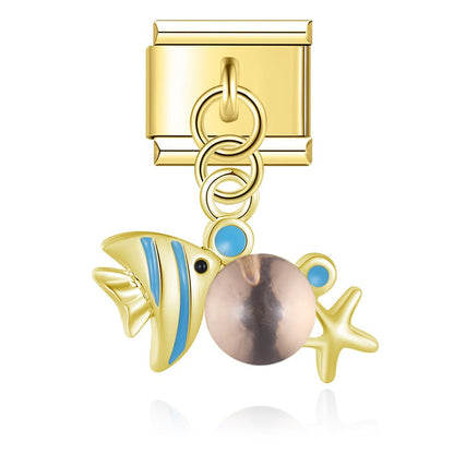 Fish dangle charms silver&gold – second view of gold fish dangle charm with champagne bead accent, Italian charm bracelet charm by Charmtastic