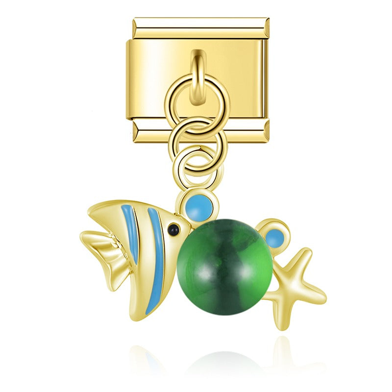 Fish dangle charms silver&gold – gold fish dangle charm with green bead accent, Italian charm bracelet charm by Charmtastic