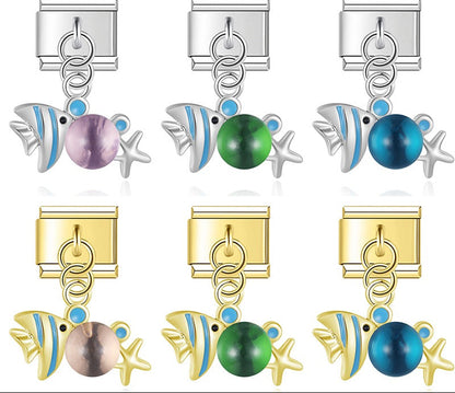 Fish dangle charms silver&gold – silver and gold fish dangle charm set with colorful bead accents in purple, green, blue, and champagne, Italian charm bracelet charms by Charmtastic