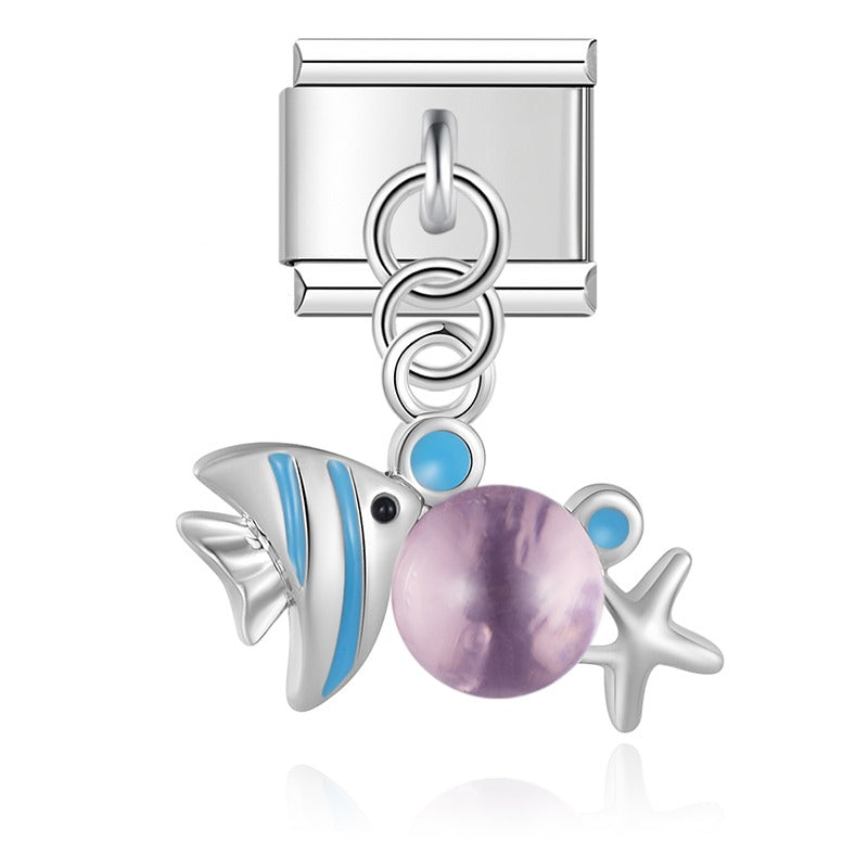 Fish dangle charms silver&gold – silver fish dangle charm with purple bead accent, Italian charm bracelet charm by Charmtastic
