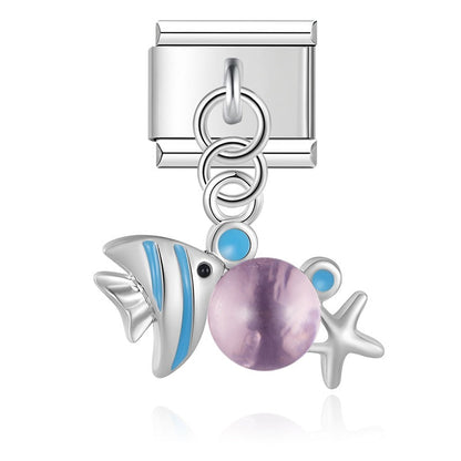 Fish dangle charms silver&gold – silver fish dangle charm with purple bead accent, Italian charm bracelet charm by Charmtastic