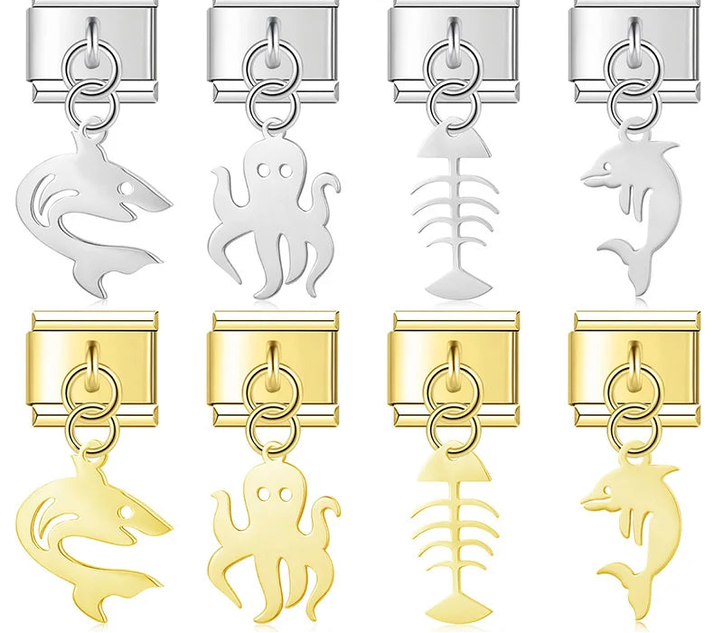 fish designs Sharks Octopuses Dolphins charms – shark, octopus, fish skeleton, and dolphin dangle charms in silver and gold, Italian charm bracelet charms by Charmtastic