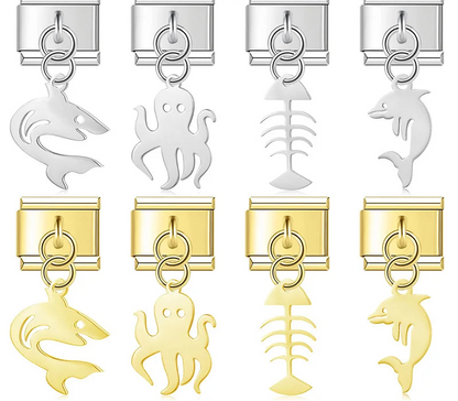 fish designs Sharks Octopuses Dolphins charms – shark, octopus, fish skeleton, and dolphin dangle charms in silver and gold, Italian charm bracelet charms by Charmtastic