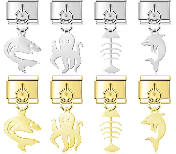 fish designs Sharks Octopuses Dolphins charms – shark, octopus, fish skeleton, and dolphin dangle charms in silver and gold, Italian charm bracelet charms by Charmtastic