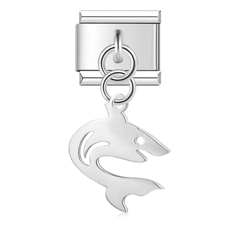 fish designs Sharks Octopuses Dolphins charms – second view of shark dangle charm in silver, Italian charm bracelet charm by Charmtastic