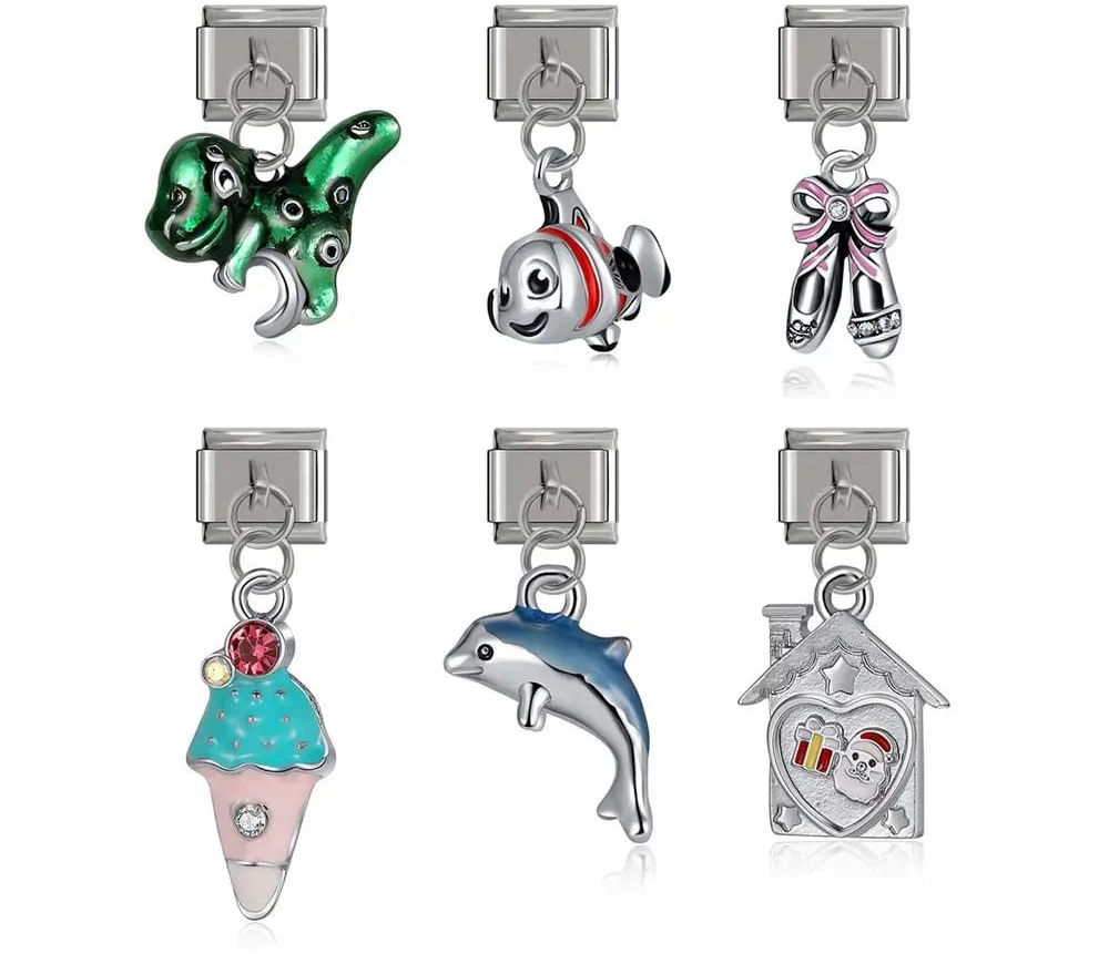 Fish, dinosaur and ice cream dangle Italian charms, by Charmtastic