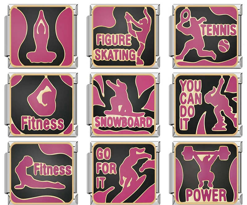Fitness Sport Tennis Italian Charms – overview of sport charms including Tennis, Figure Skating, Snowboard and Power weightlifting, Italian charm bracelet charms by Charmtastic
