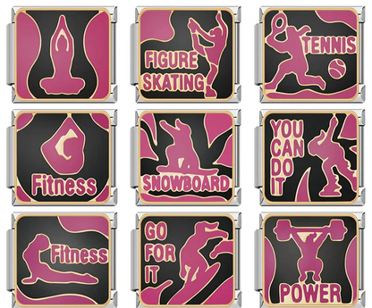 Fitness Sport Tennis Italian Charms – overview of sport charms including Tennis, Figure Skating, Snowboard and Power weightlifting, Italian charm bracelet charms by Charmtastic