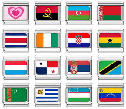 Flags of Countries Around The World Charms – overview of 16 national flag enamel charms including a pink heart, Angola, Azerbaijan, Belarus, Costa Rica, Ivory Coast, Croatia, Ghana, Luxembourg, Panama, Serbia, Tanzania, Turkmenistan, Uruguay, Uzbekistan and Venezuela, Italian charm bracelet charms by Charmtastic
