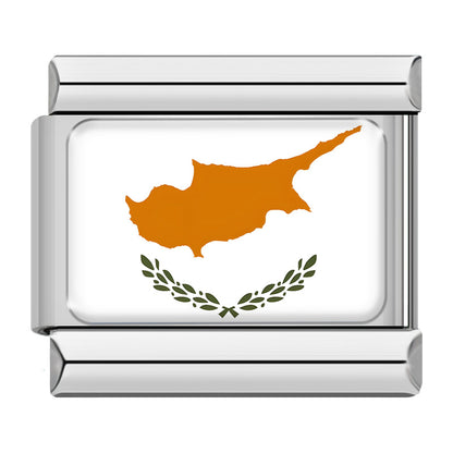 Flags of Countries Around The World – Cyprus flag enamel charm with orange island map and olive branches on white background, Italian charm bracelet charm by Charmtastic
