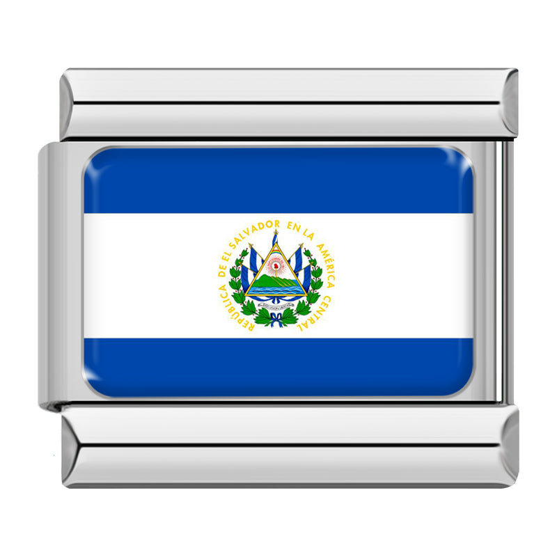 Flags of Countries Around The World – El Salvador flag enamel charm with blue stripes and central coat of arms, Italian charm bracelet charm by Charmtastic