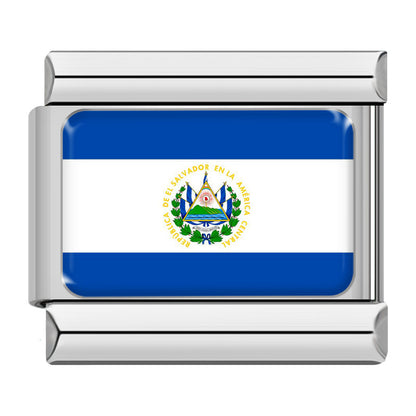 Flags of Countries Around The World – El Salvador flag enamel charm with blue stripes and central coat of arms, Italian charm bracelet charm by Charmtastic