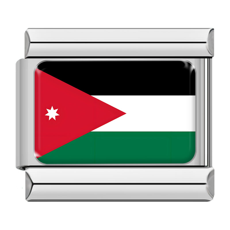 Flags of Countries Around The World – Jordan flag enamel charm with black, white and green stripes, red triangle and white star, Italian charm bracelet charm by Charmtastic