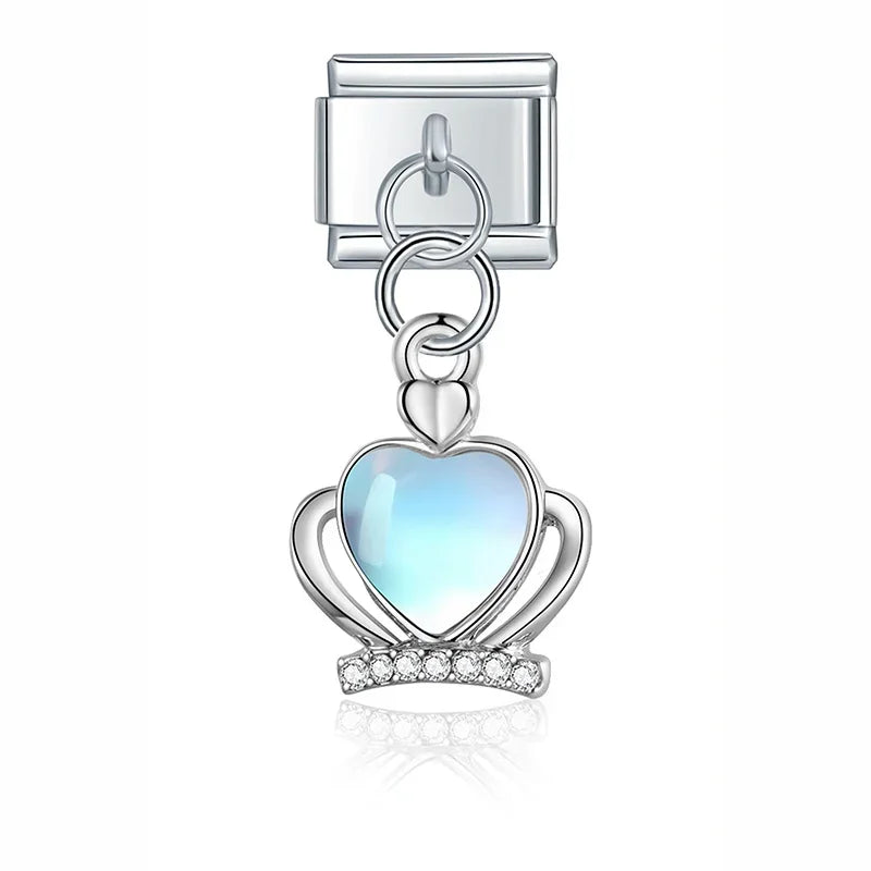 Flower Crown Heart Moon Planet charms silver&gold – heart crown charm with moonstone, Italian charm bracelet charm by Charmtastic