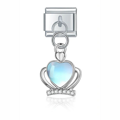 Flower Crown Heart Moon Planet charms silver&gold – heart crown charm with moonstone, Italian charm bracelet charm by Charmtastic