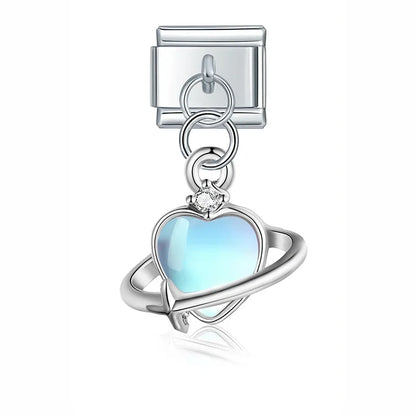 Flower Crown Heart Moon Planet charms silver&gold – heart planet ring charm with moonstone, Italian charm bracelet charm by Charmtastic