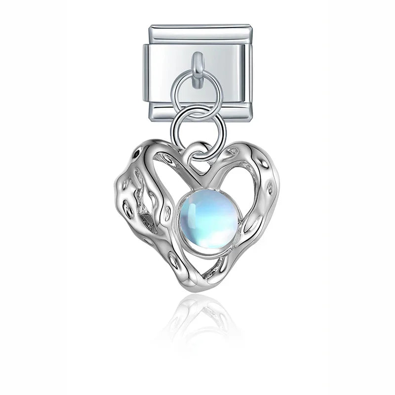 Flower Crown Heart Moon Planet charms silver&gold – open heart charm with moonstone, Italian charm bracelet charm by Charmtastic