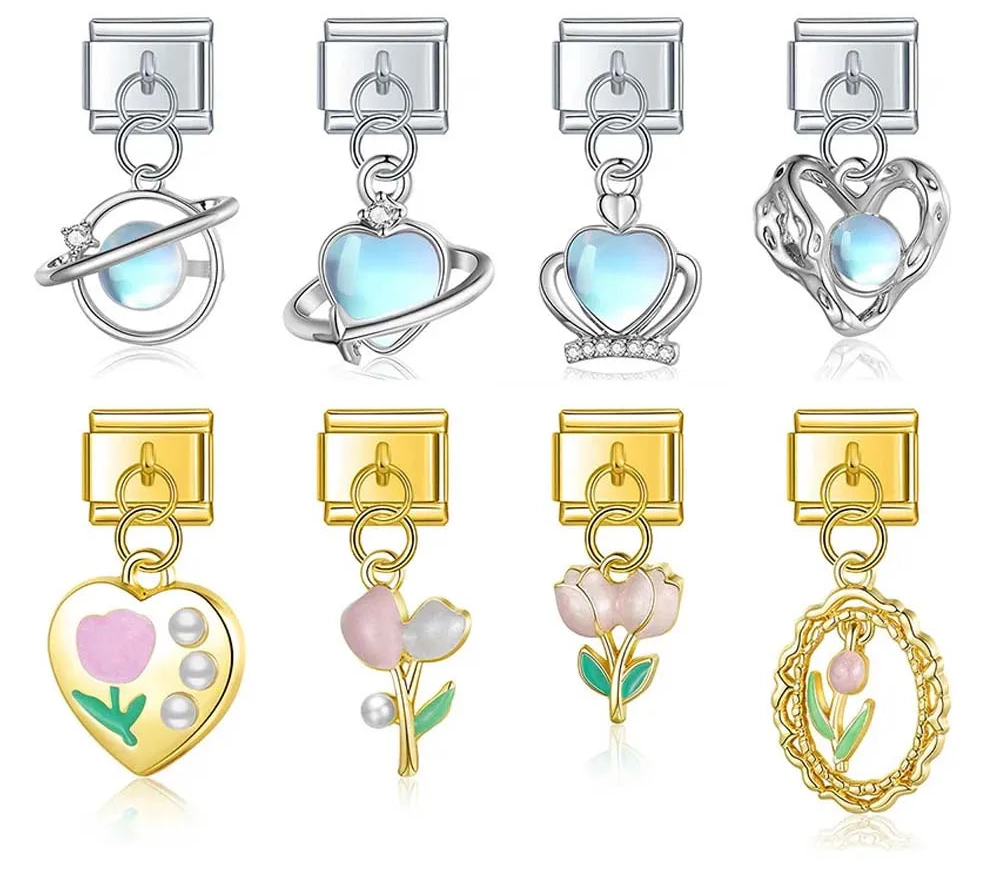 Flower Crown Heart Moon Planet charms silver&gold – overview of planet, heart, crown, moon and tulip flower charm designs, Italian charm bracelet charms by Charmtastic