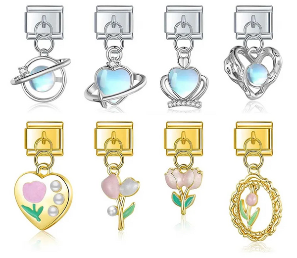 Flower Crown Heart Moon Planet charms silver&gold – overview of planet, heart, crown, moon and tulip flower charm designs, Italian charm bracelet charms by Charmtastic