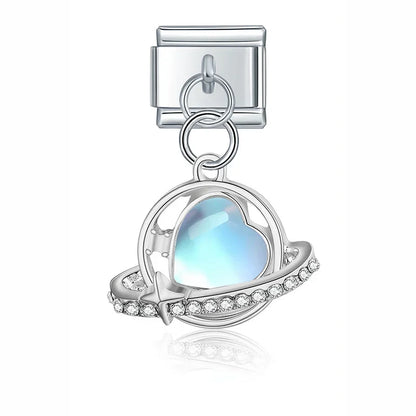 Flower Crown Heart Moon Planet charms silver&gold – Saturn planet ring charm with moonstone, Italian charm bracelet charm by Charmtastic