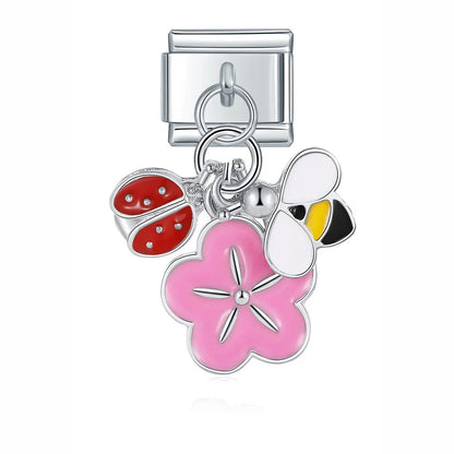 Flower Dazzling charms – silver pink enamel flower charm with ladybug and bee accents, Italian charm bracelet charm by Charmtastic