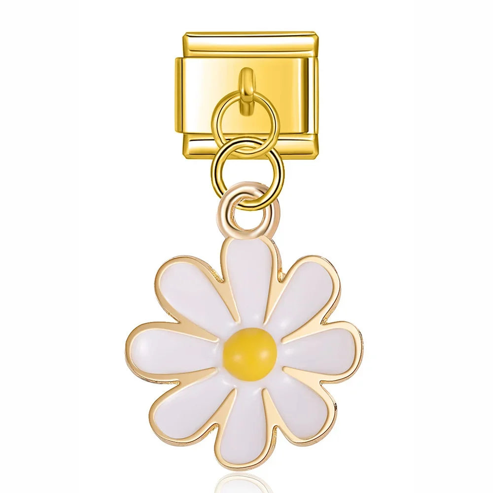 Flower Dazzling charms – gold daisy charm with white enamel petals, Italian charm bracelet charm by Charmtastic