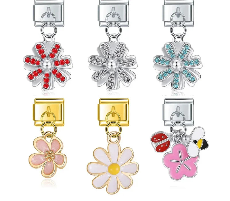 Flower Dazzling charms – daisy flower charm in silver and gold with CZ and enamel finishes, Italian charm bracelet charms by Charmtastic