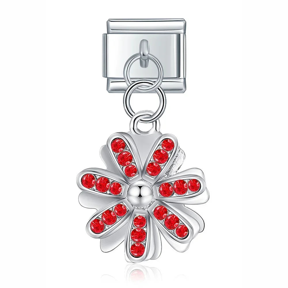 Flower Dazzling charms – silver daisy charm with red CZ petals, Italian charm bracelet charm by Charmtastic