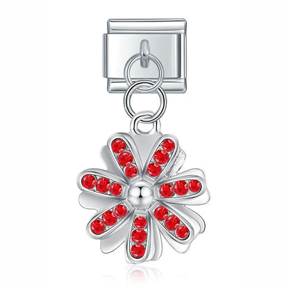 Flower Dazzling charms – silver daisy charm with red CZ petals, Italian charm bracelet charm by Charmtastic