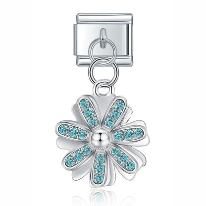 Flower Dazzling charms – silver daisy charm with teal CZ petals, Italian charm bracelet charm by Charmtastic